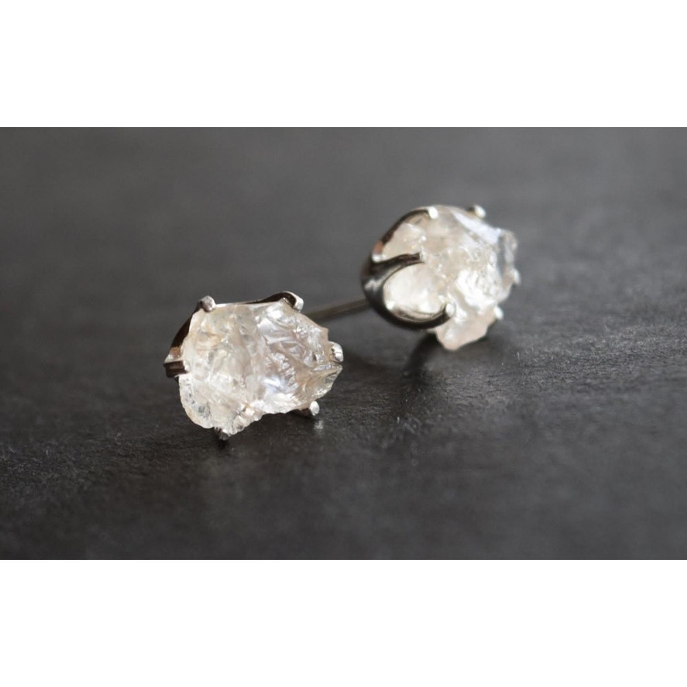 Sterling silver stud earrings, alternative diamond, uncut natural gemsto…